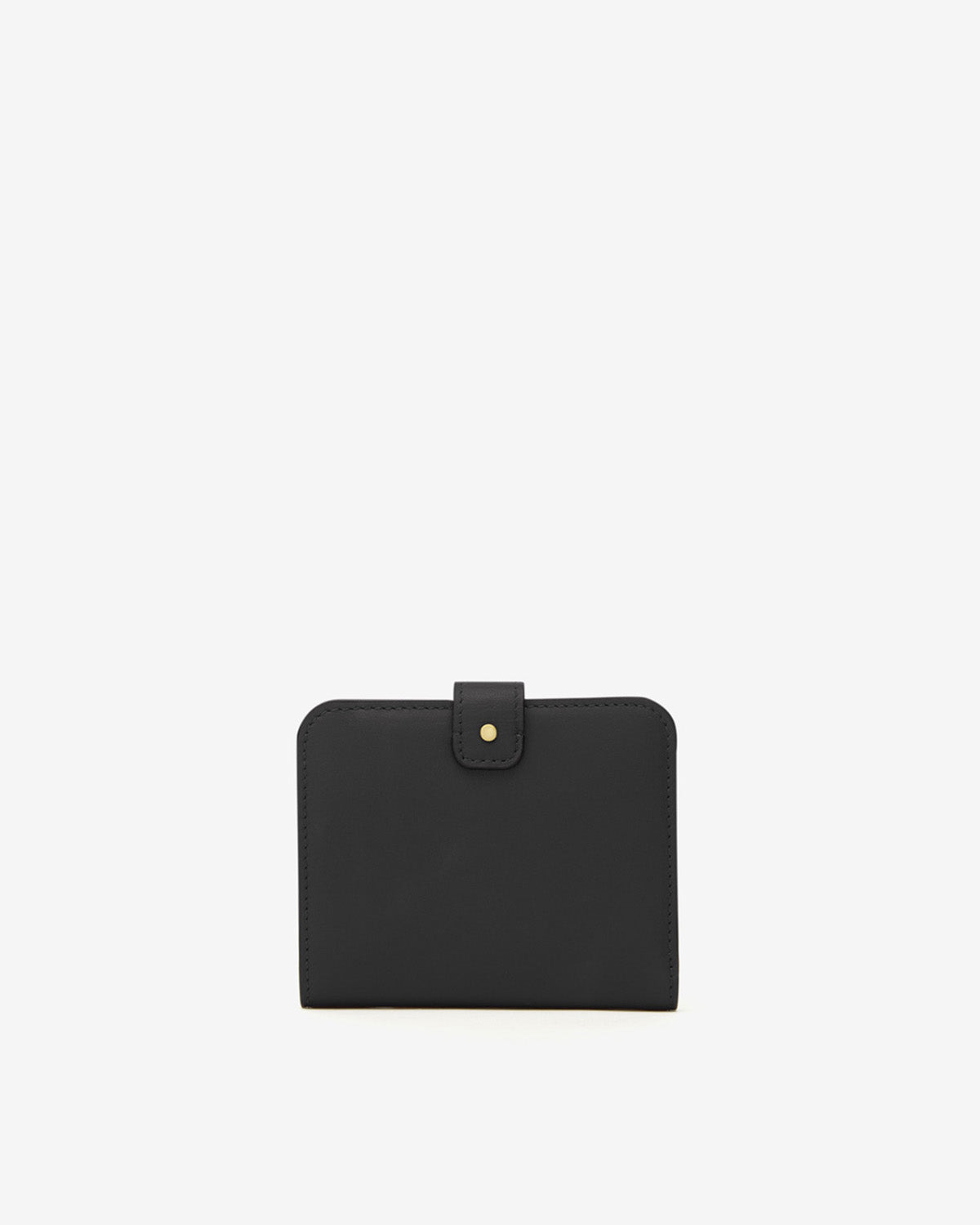 Black leather bifold wallet with single gold snap button closure