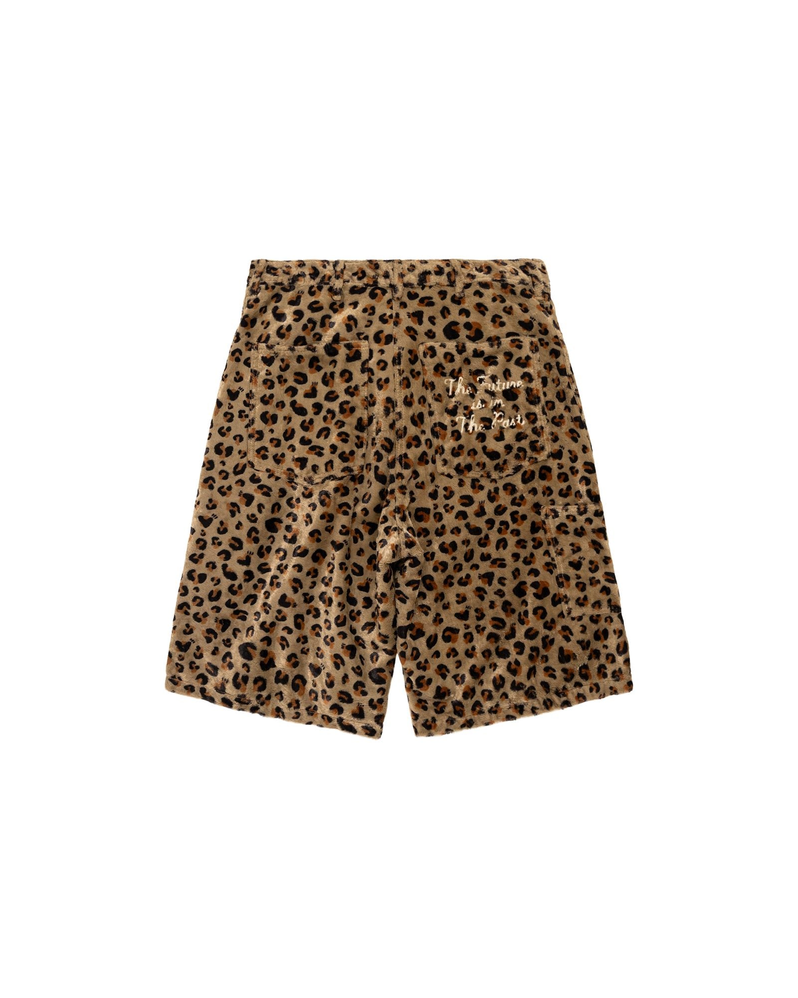 Leopard print shorts in tan with white embroidered text on front