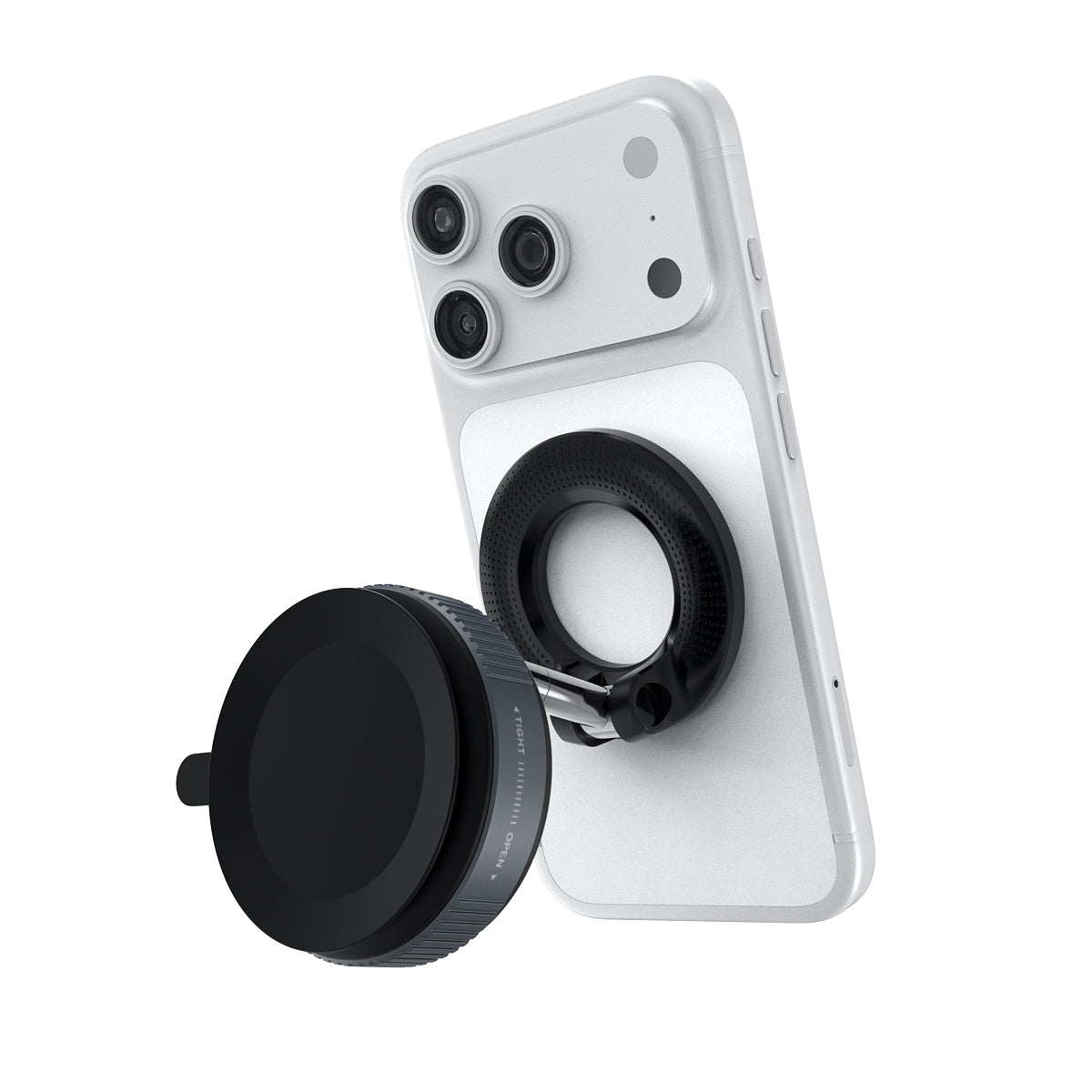 White iPhone with triple-lens camera mounted on black magnetic car phone holder
