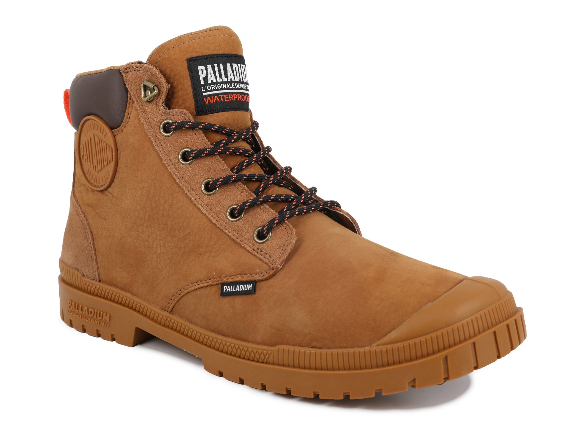 Tan waterproof lace-up boot with dark brown collar and heel tab, shown from side angle