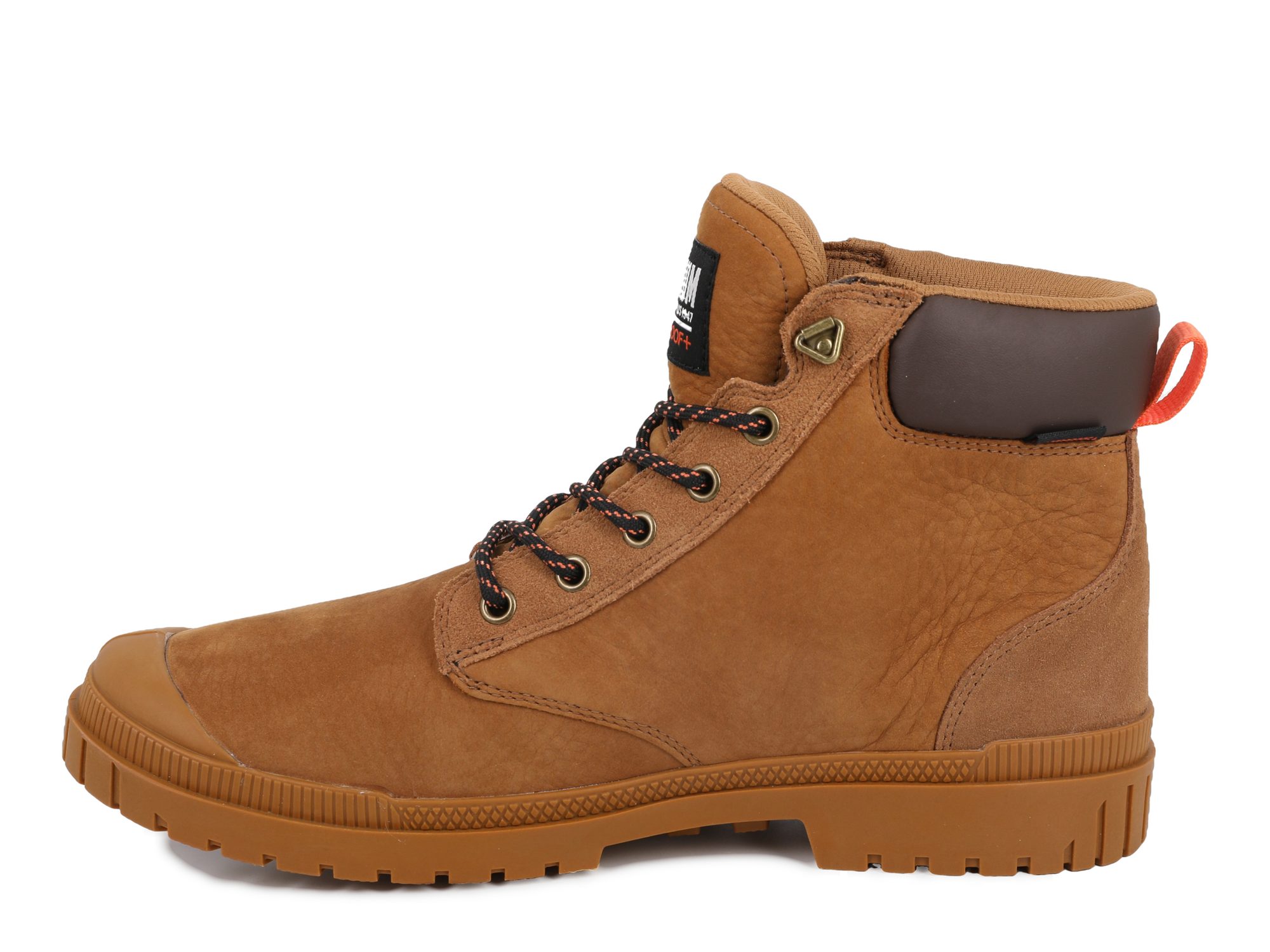 Tan leather boot with laces and dark brown ankle collar, displayed from three-quarter view