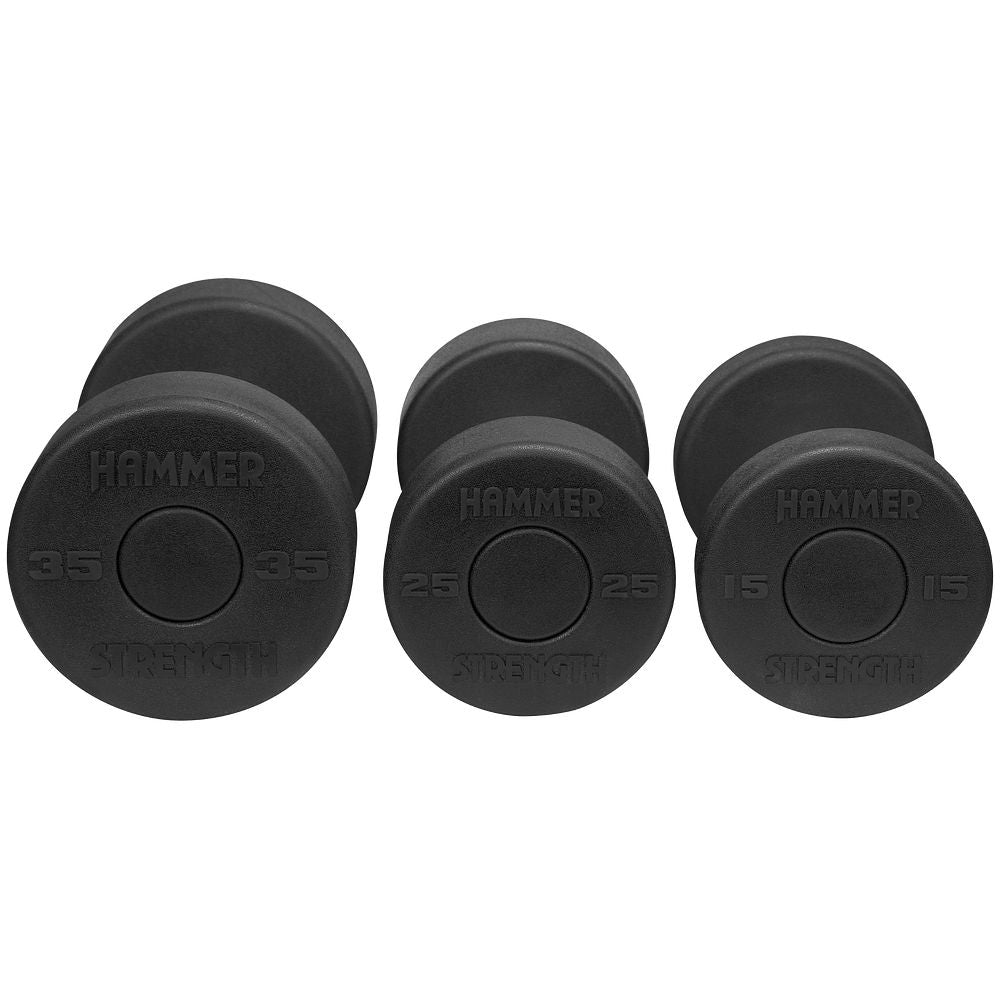 Three black round dumbbells with weight markings of 35, 25, and 15 pounds