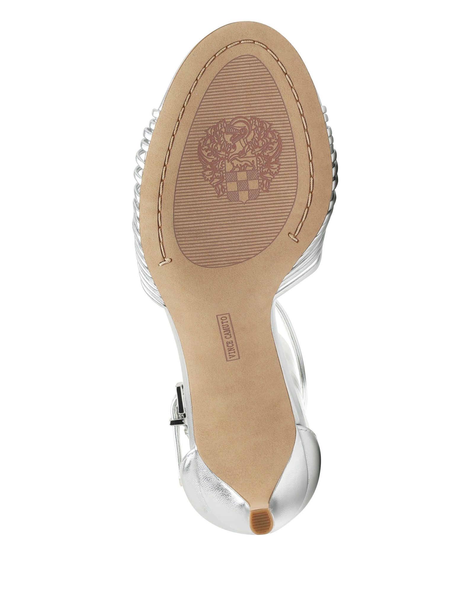 Cream-colored leather sandal sole with heraldic crest and stitching detail