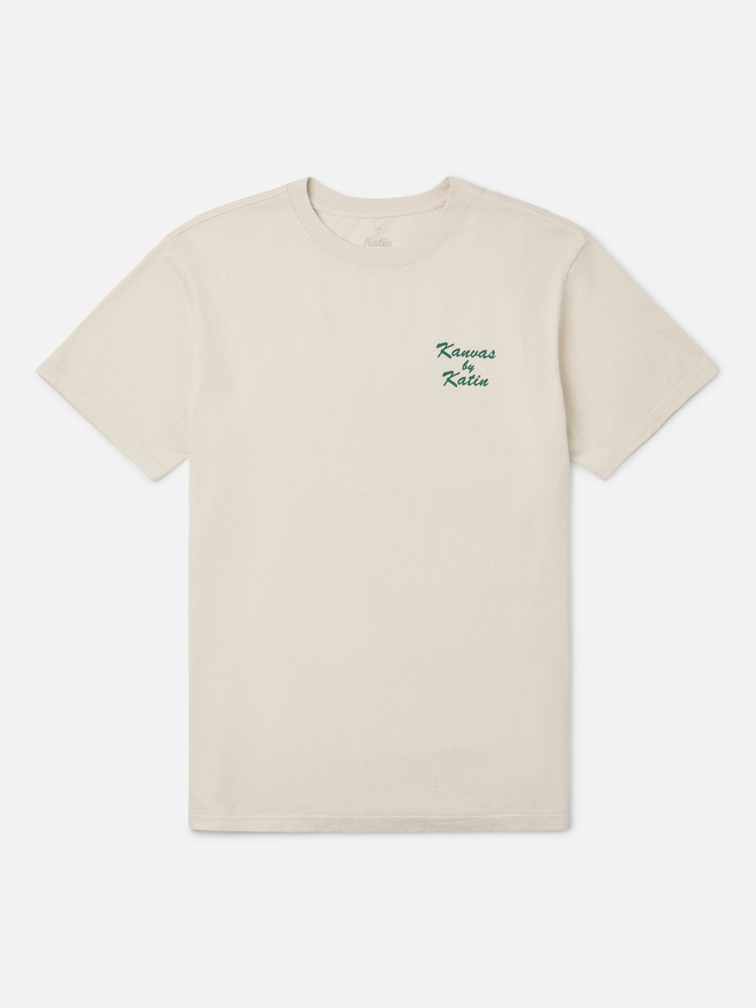Flat lay of cream t-shirt with 'Kanvas by Katin' embroidery centered on chest