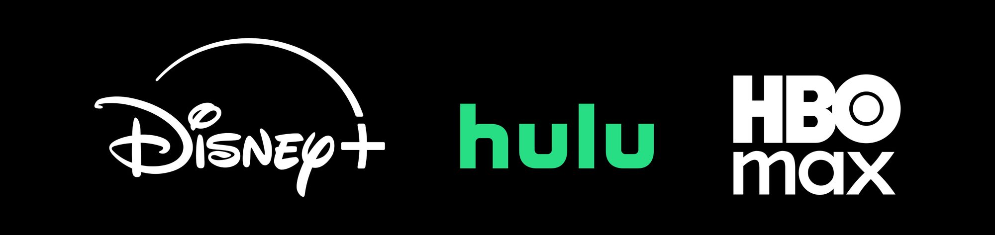 Disney+, Hulu, and HBO Max logos in white text on black background
