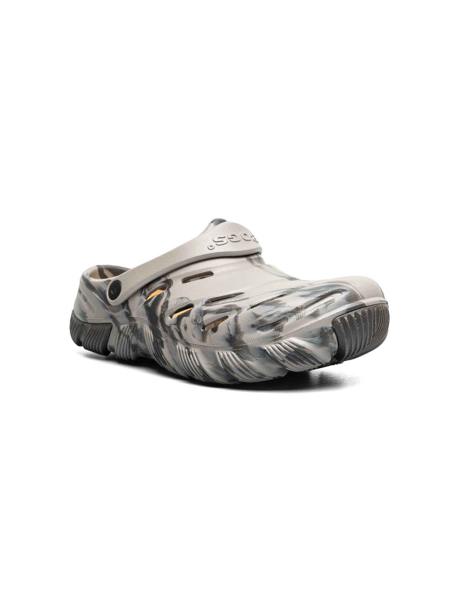 Side profile of gray marbled clog with strap detail, displaying full shoe structure and contoured sole