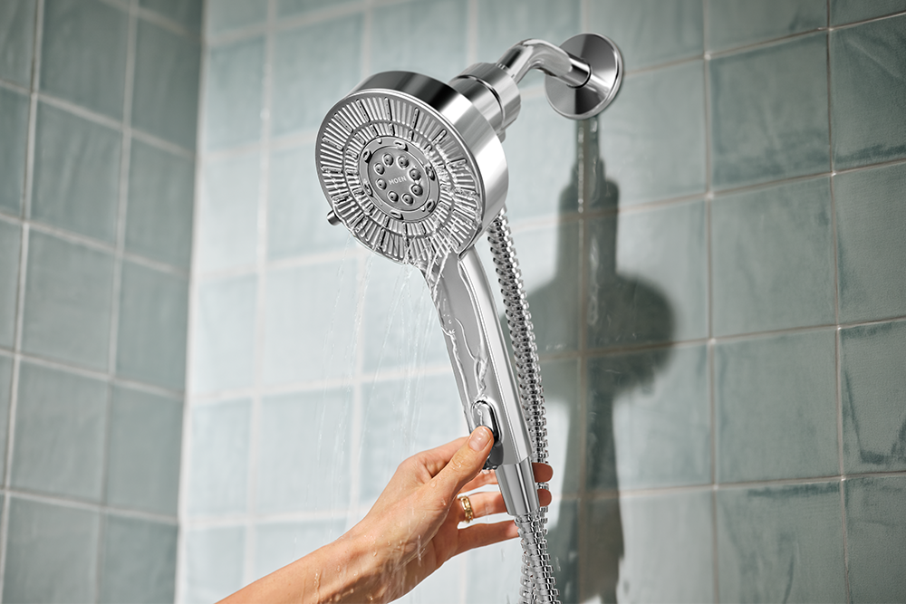 Chrome shower system with circular rainfall showerhead and handheld spray