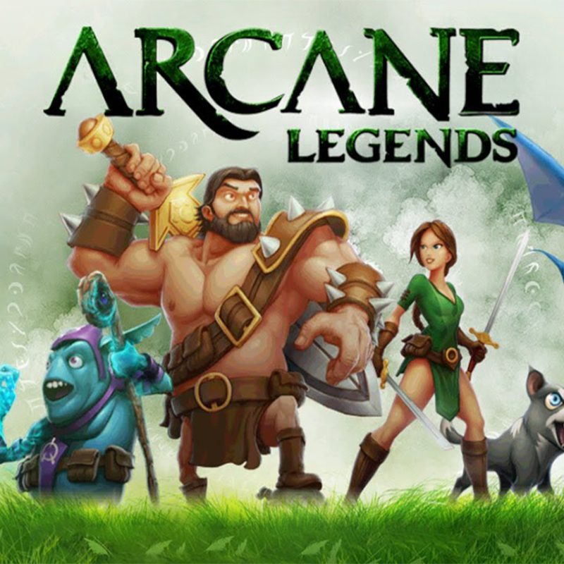 Arcane Legends game title with fantasy characters including a bearded warrior, mage, and female archer