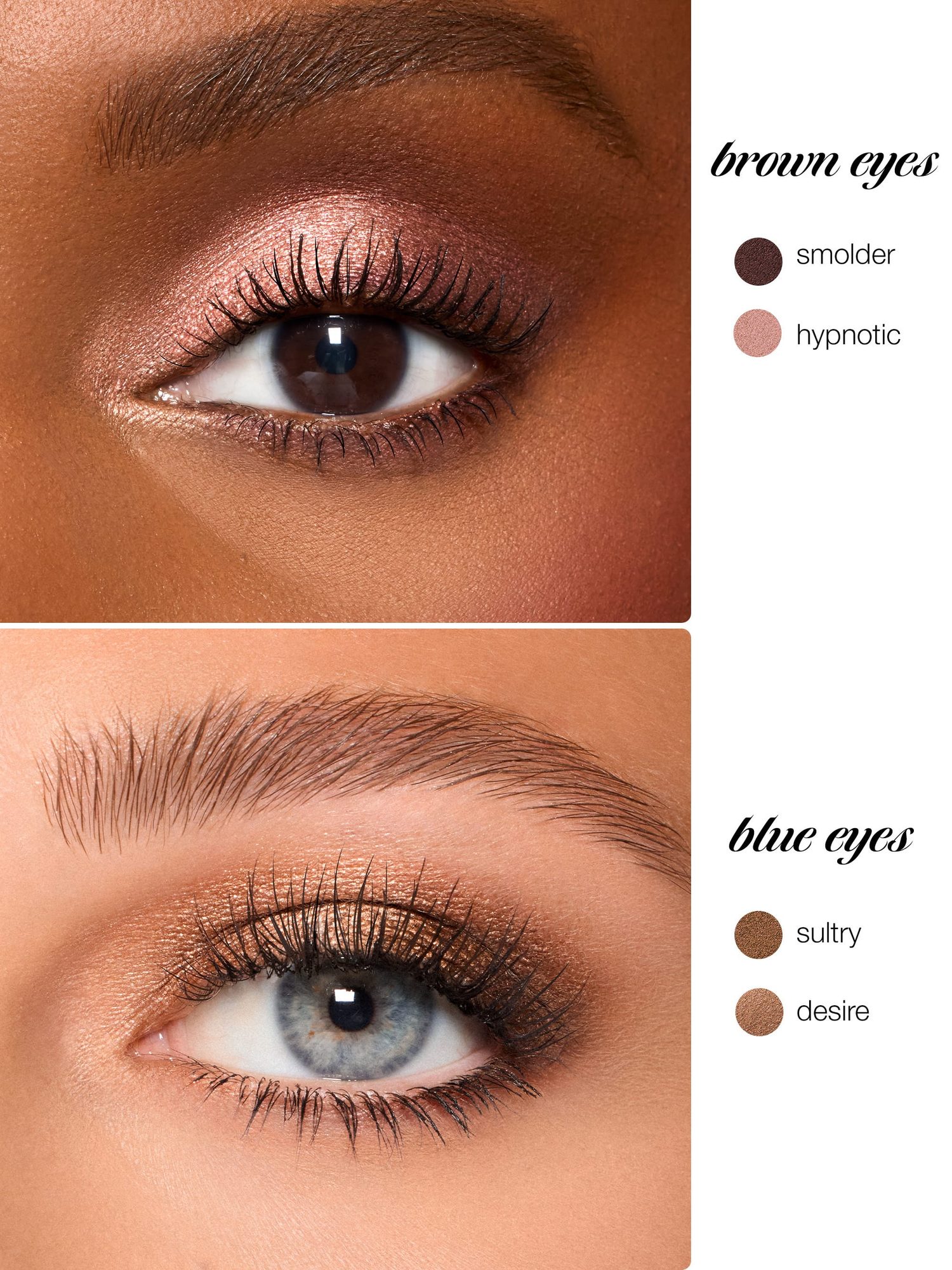 Eye makeup swatches for brown eyes showing 'smolder' and 'hypnotic' shades with dark and pink tones