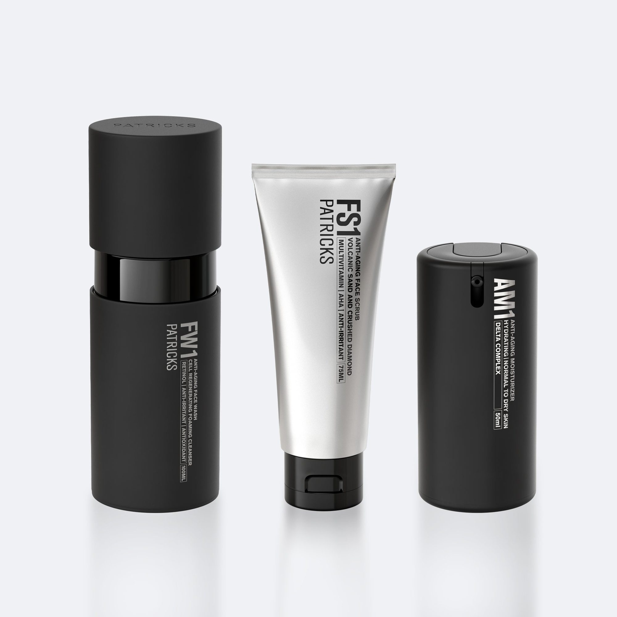 Three dark grooming product bottles displayed in descending size order on white surface