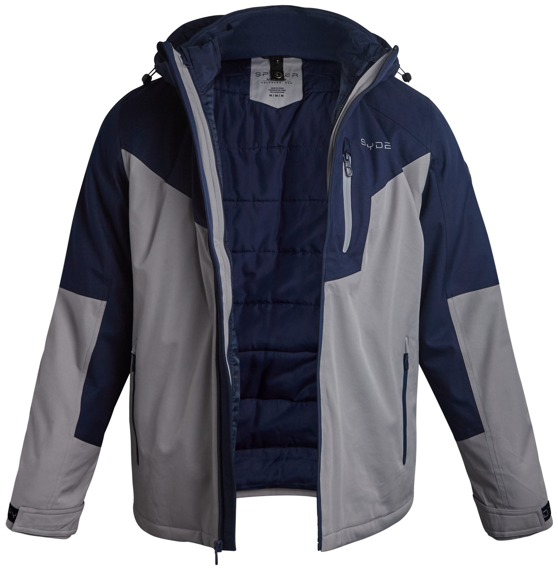 Navy and gray colorblock ski jacket with hood open, showing navy quilted inner lining
