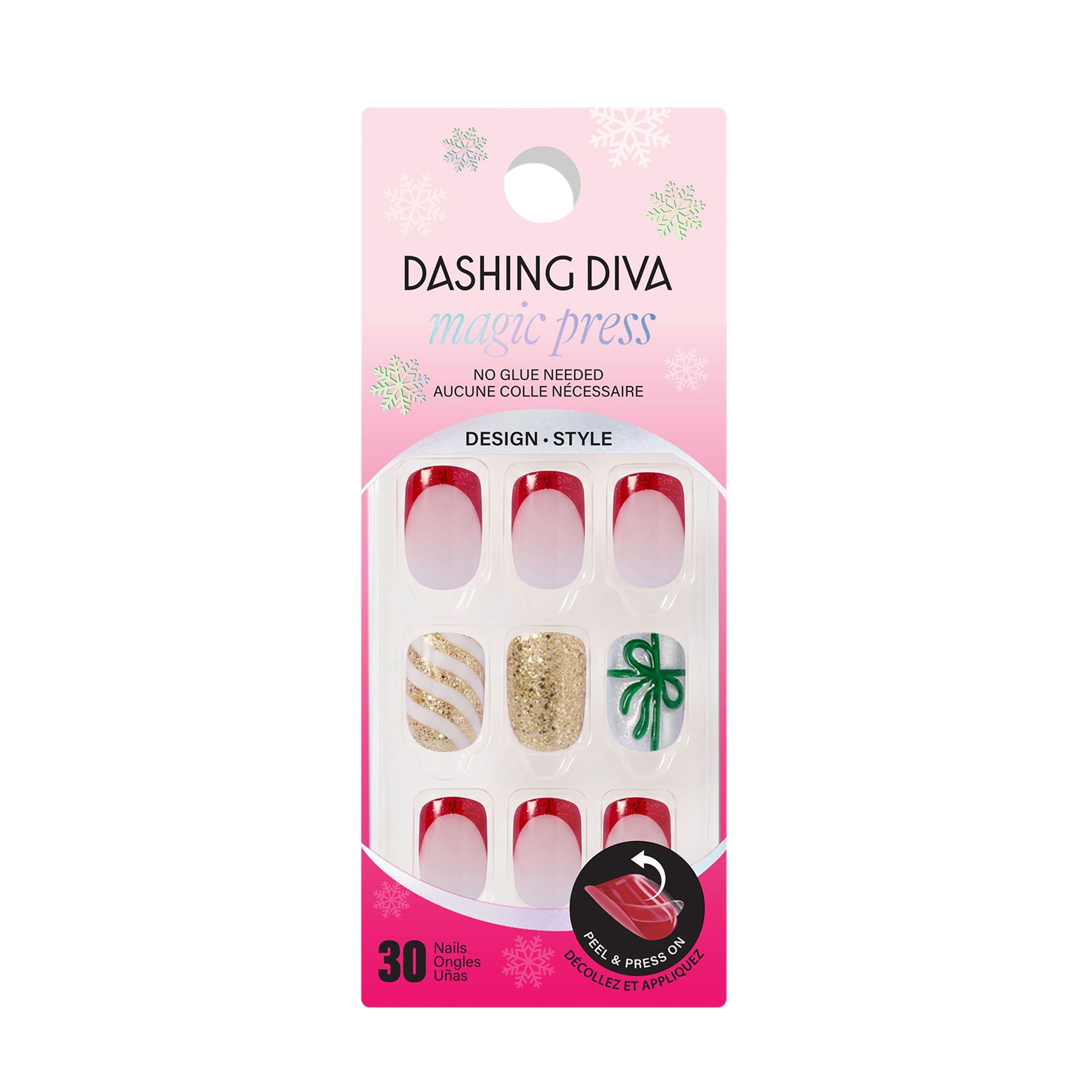 Packaging for red and gold press-on nail set with snowflake design