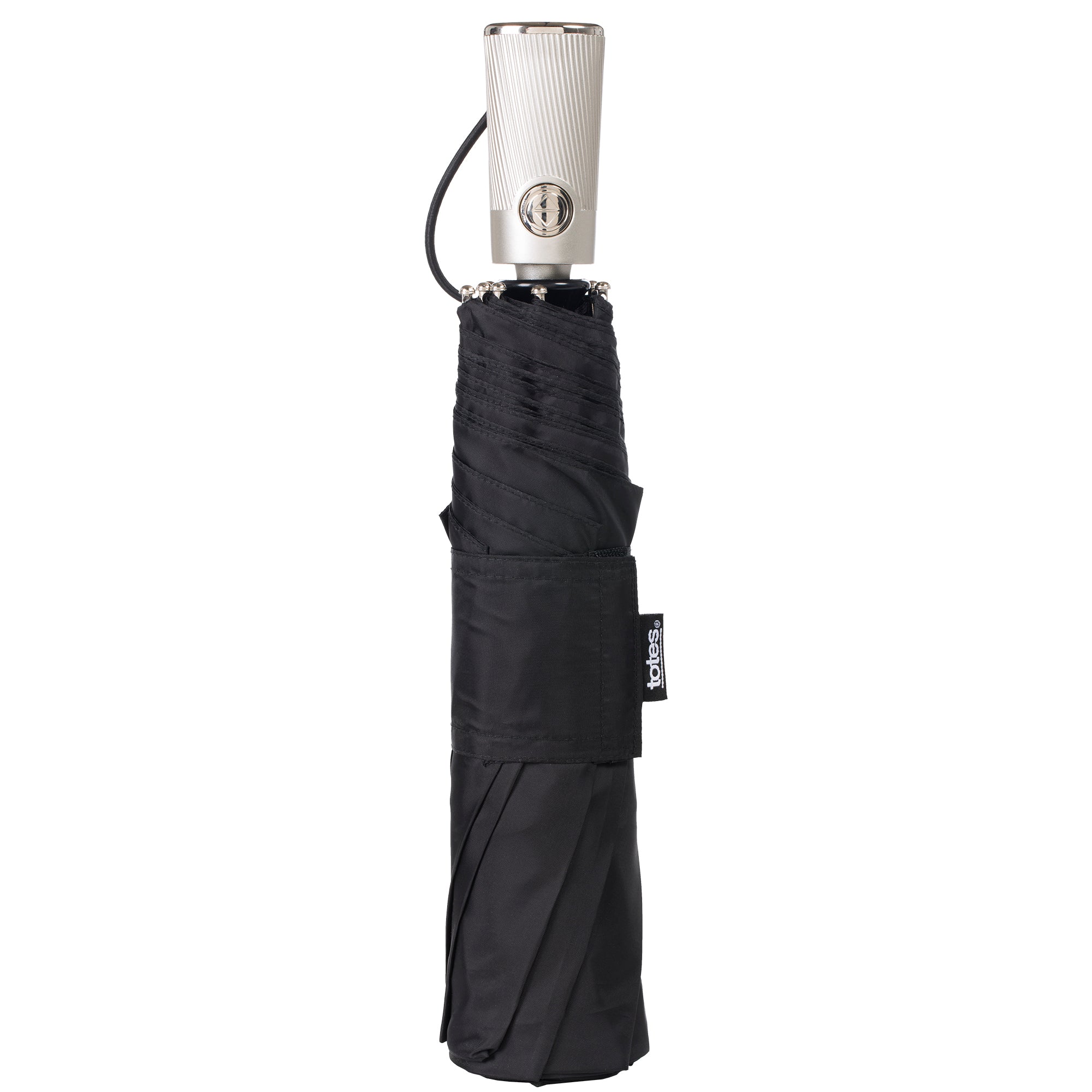 Compact automatic umbrella with beige ribbed canopy and black carrying case with shoulder strap