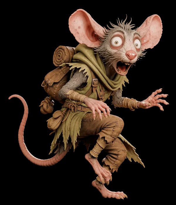 An animated brown mouse character with large pink ears wearing tattered yellow-green clothing and carrying a wooden backpack, grinning widely