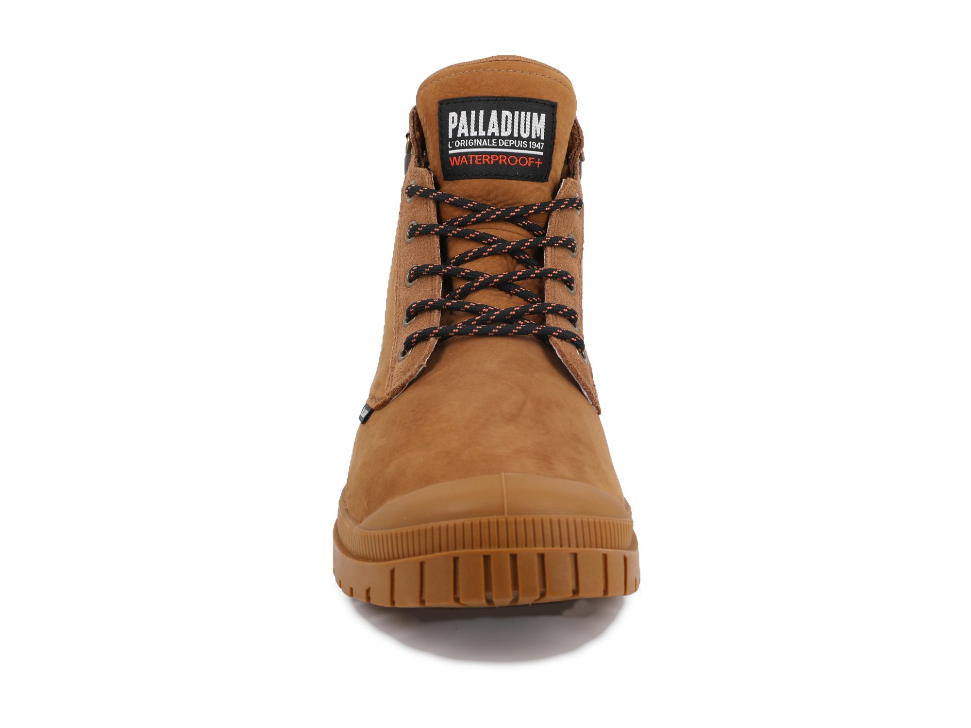Tan and brown hiking boot with black laces viewed straight from front