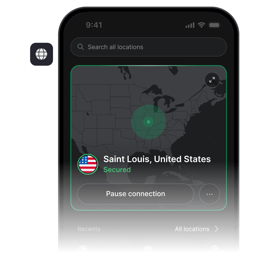 Smartphone screen displaying VPN app with Saint Louis location selected and secured connection status