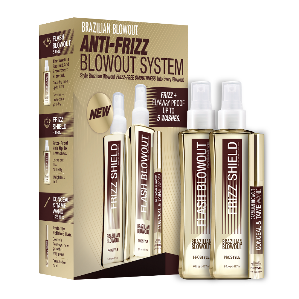 Anti-Frizz Blowout System kit with frizz shield and flash blowout products in gold and brown bottles with white caps