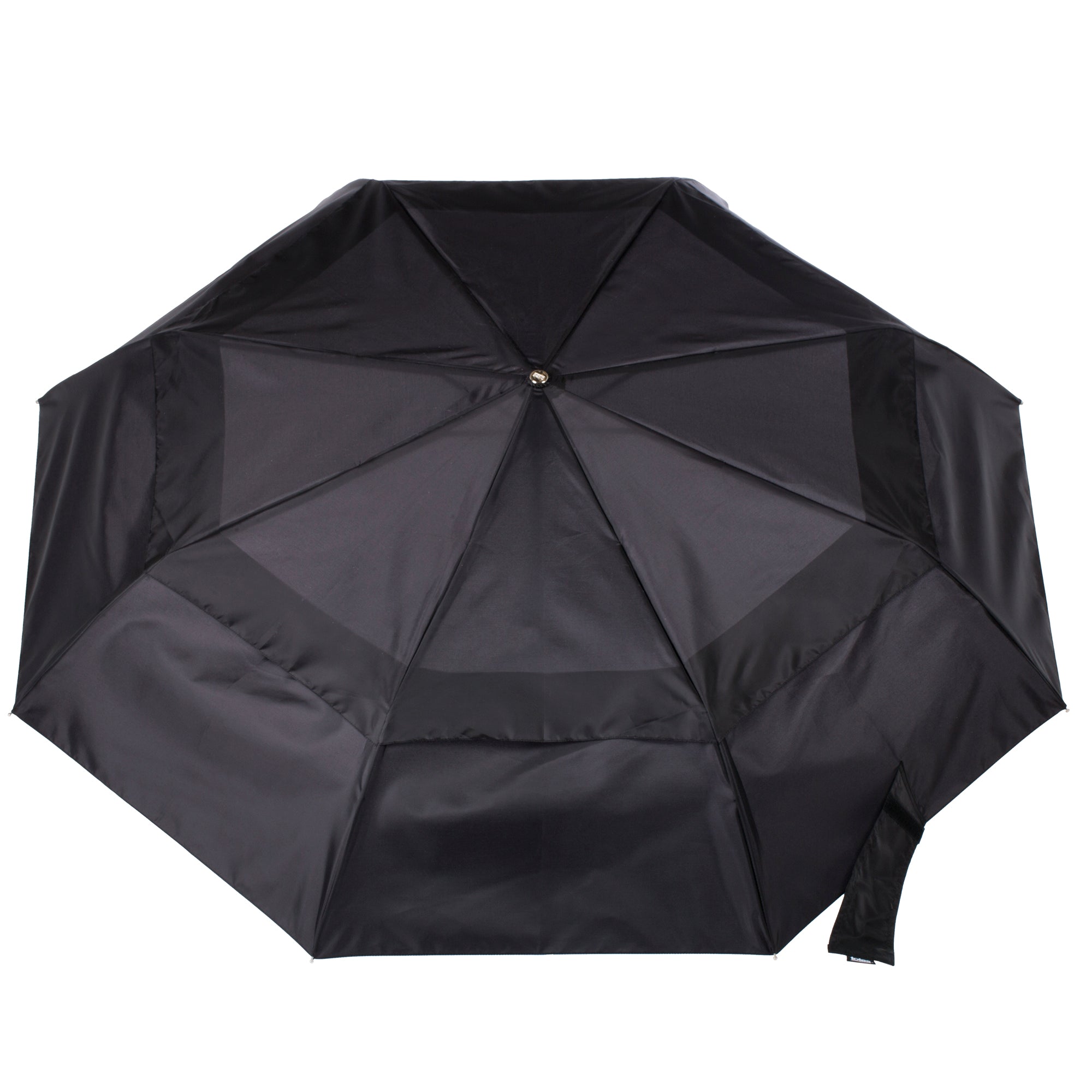 Top-down view of fully opened black umbrella with eight panels and silver center pole