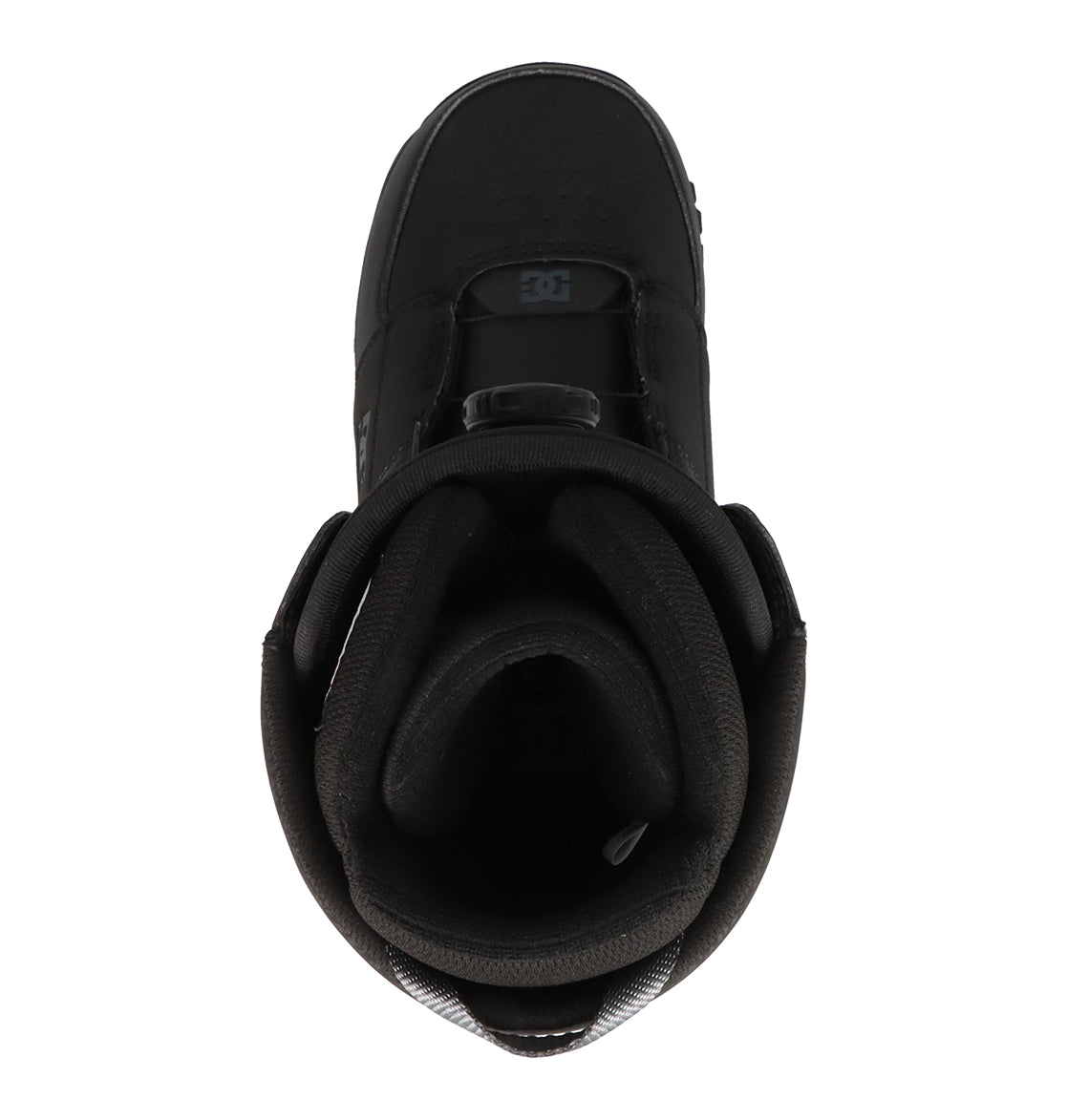 Black snowboard boot interior view showing cushioned insole and ankle padding, top-down perspective