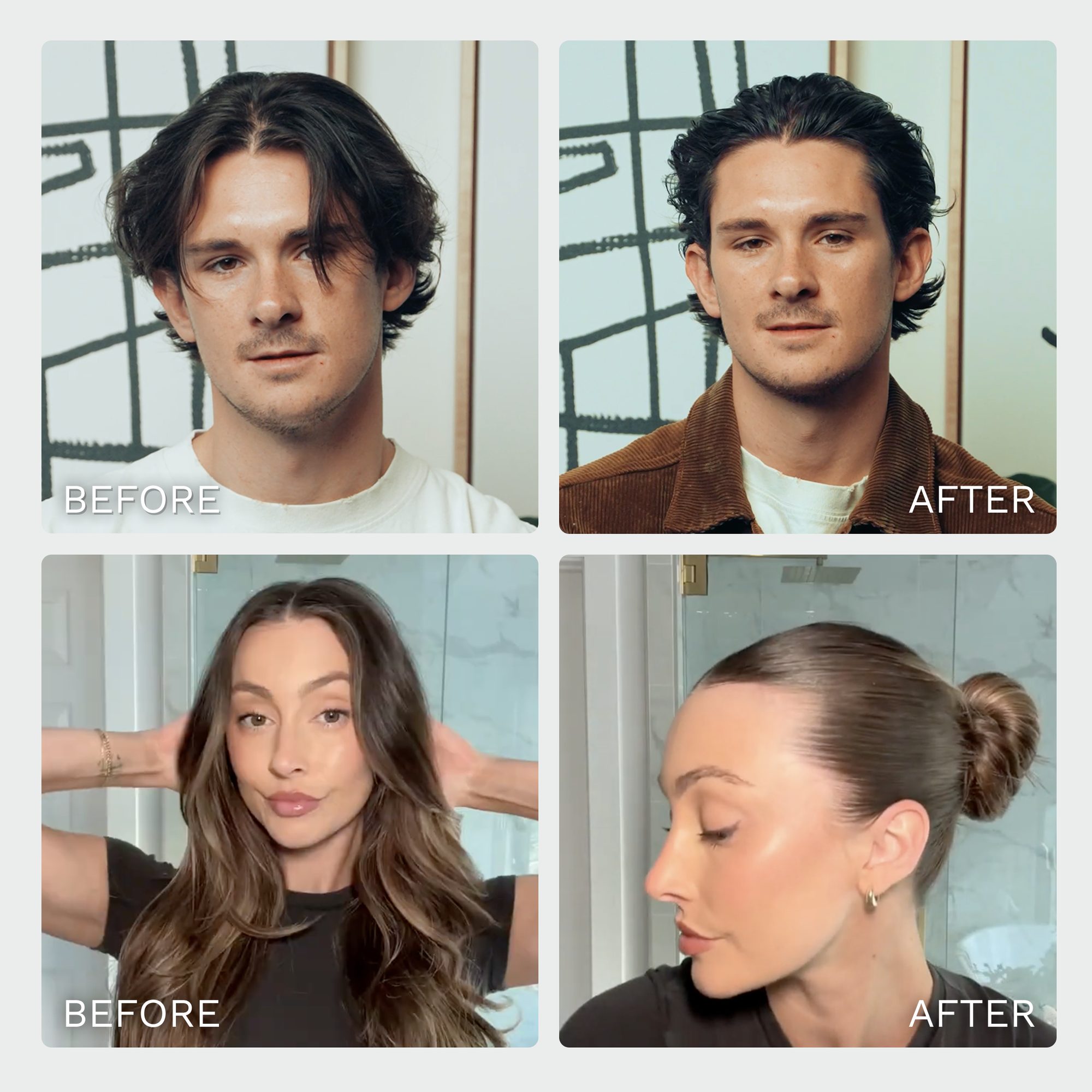 Four-panel before-and-after comparison showing two men and two women with improved hair texture and styling