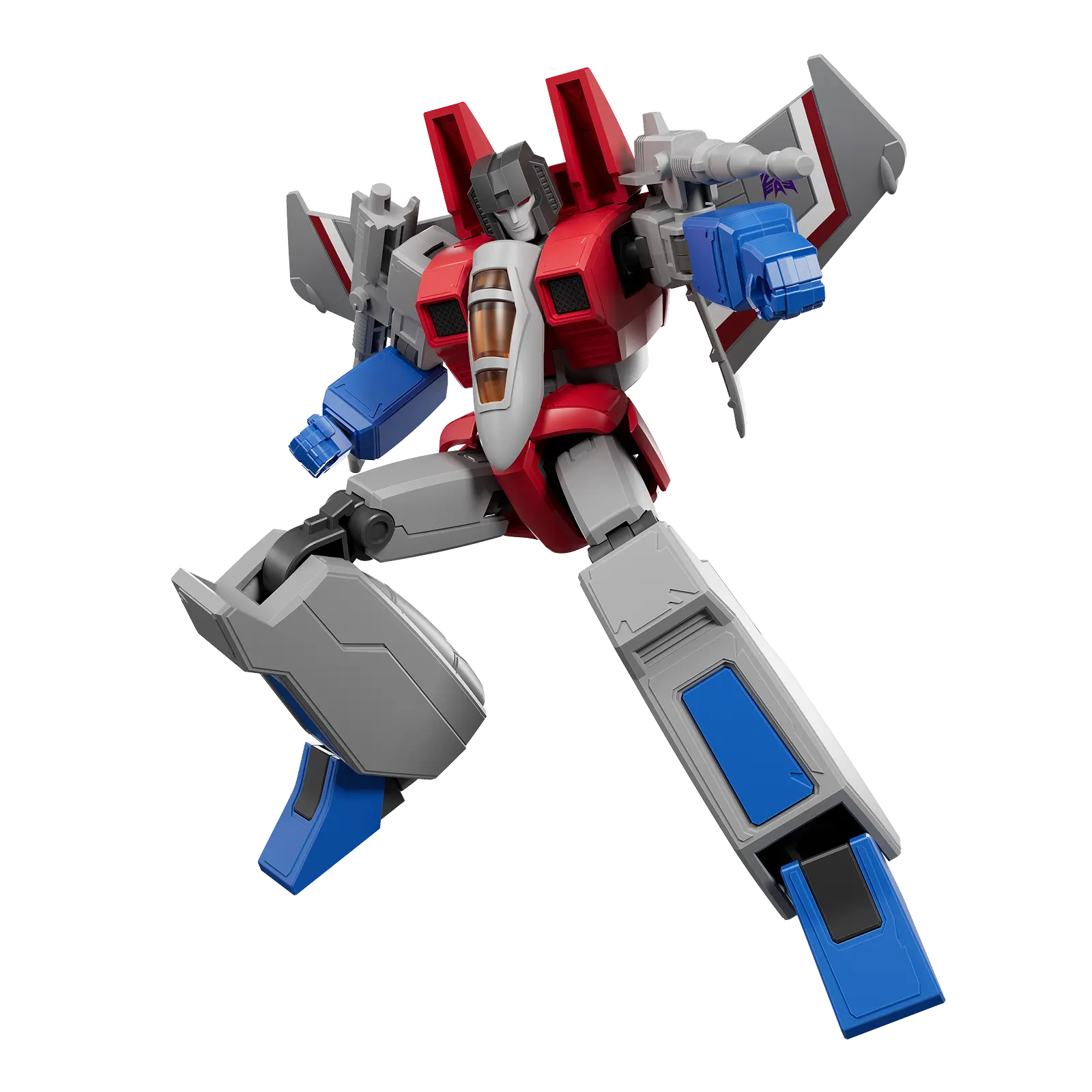 Red and blue robot mid-action leap with weapons deployed and limbs extended