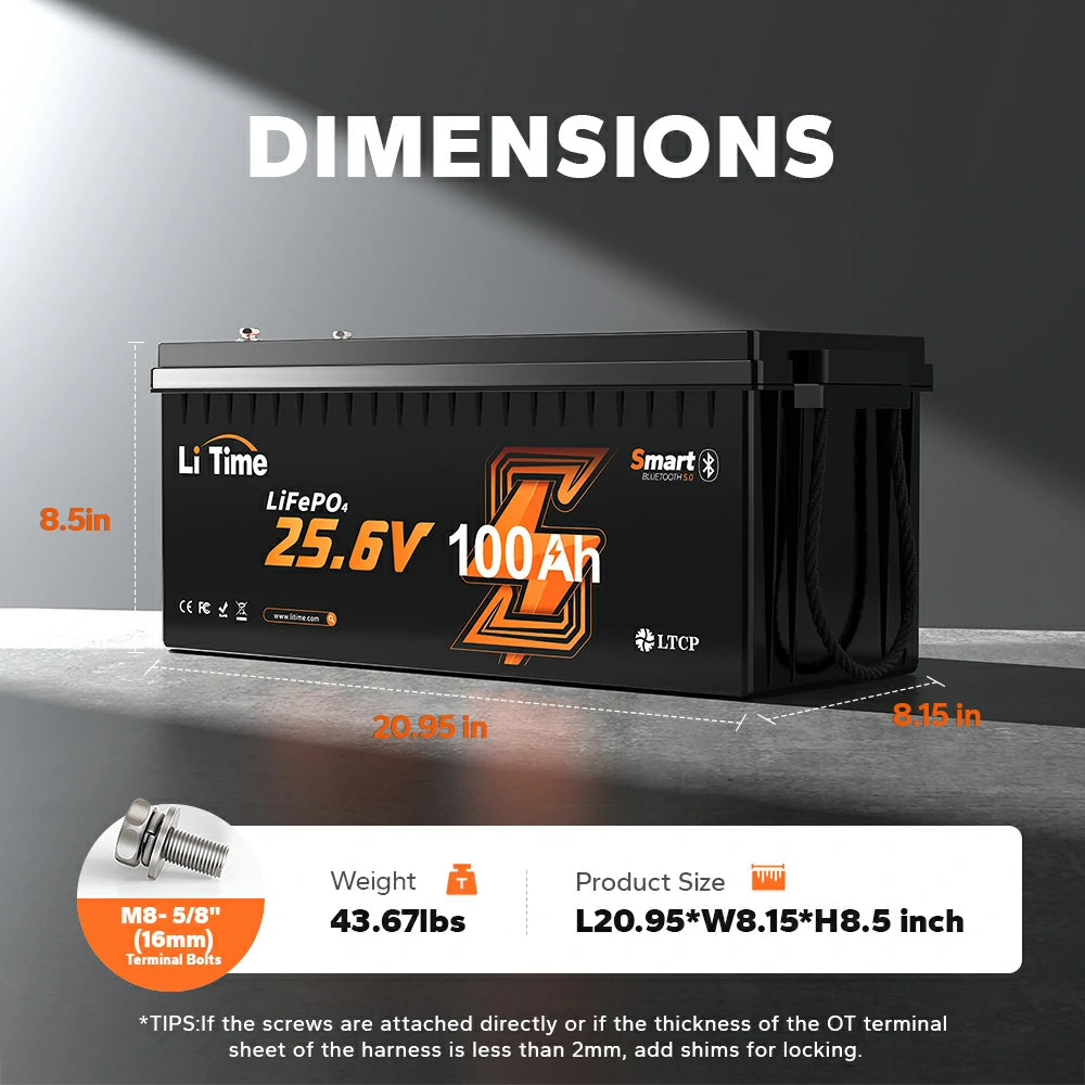 LiFePO4 battery with specifications showing 25.6V 100Ah capacity, dimensions, weight, and terminal bolt size