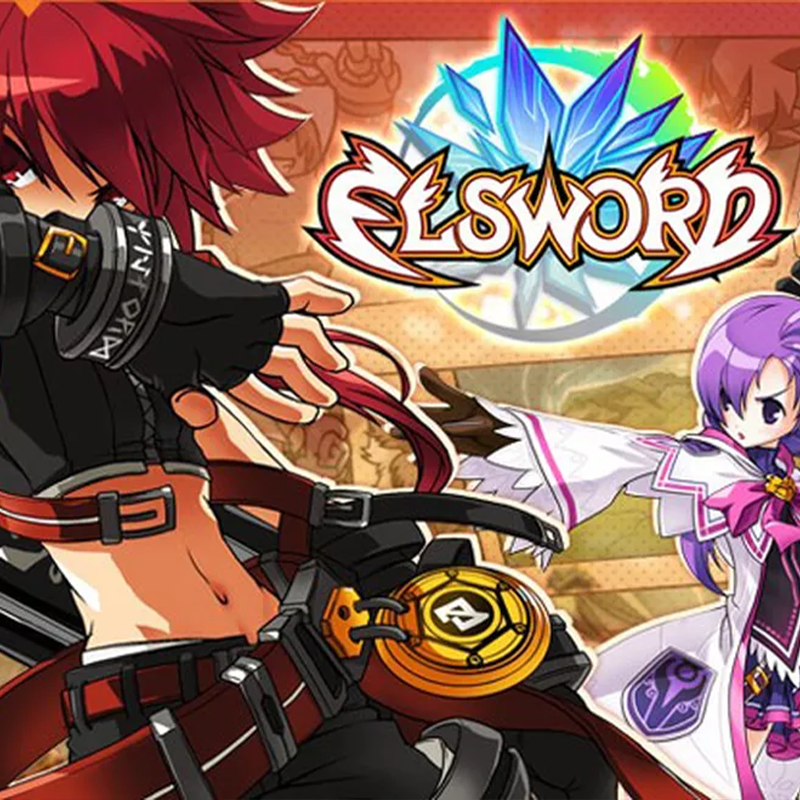 Elsword game cover showing anime-style characters with red-haired male and purple-haired female in combat poses