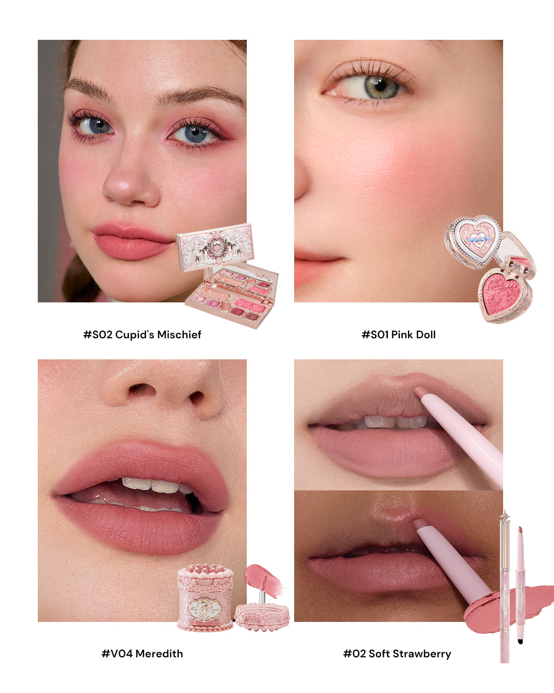 Four makeup looks displaying eyeshadow, blush, and lip colors in pink and rose tones with product packaging