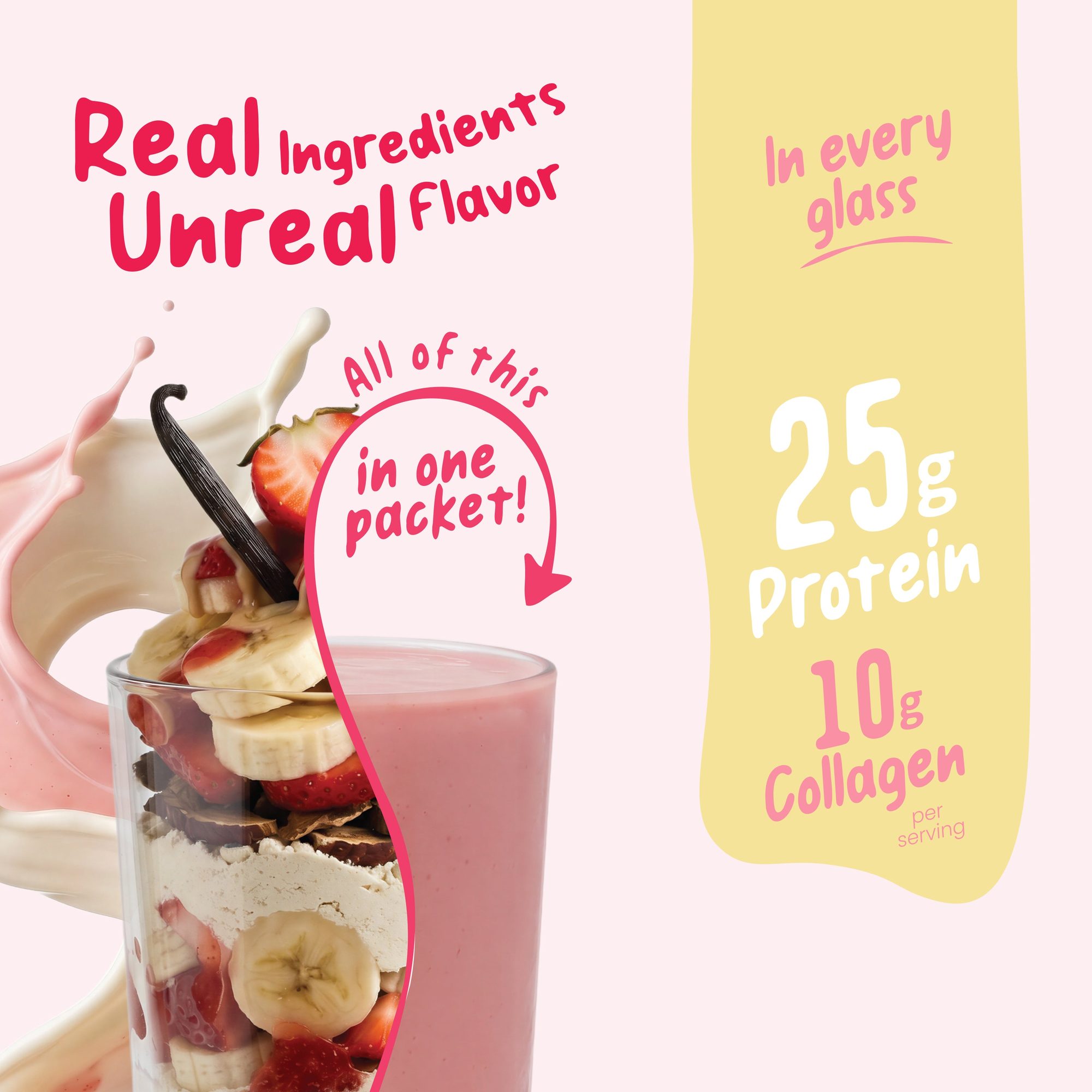 Pink and yellow promotional graphic showing strawberry banana smoothie with fruit ingredients and protein powder benefits
