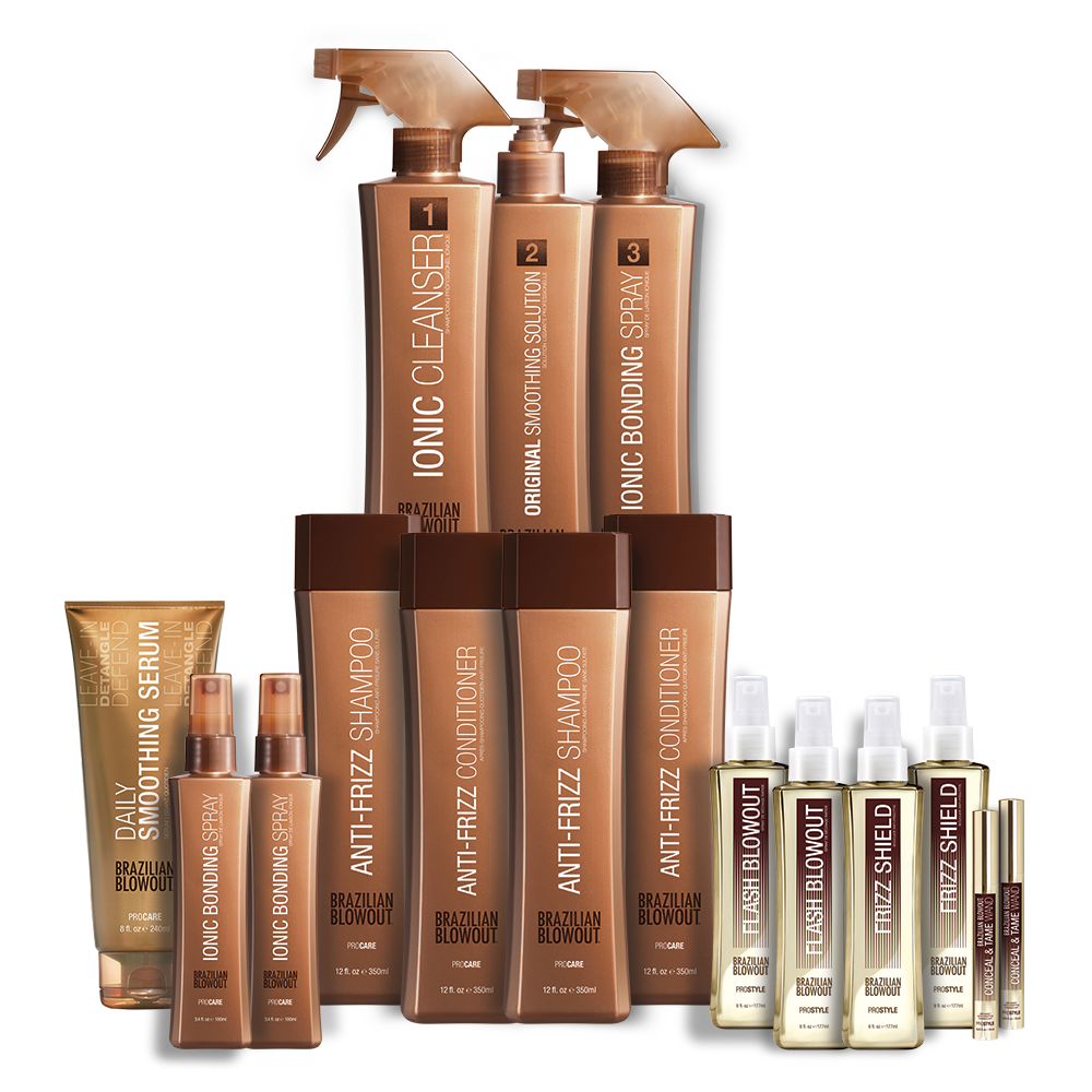 Three spray bottles labeled ionic cleanser, original smoothing solution, and ionic bonding spray with other hair care products arranged below