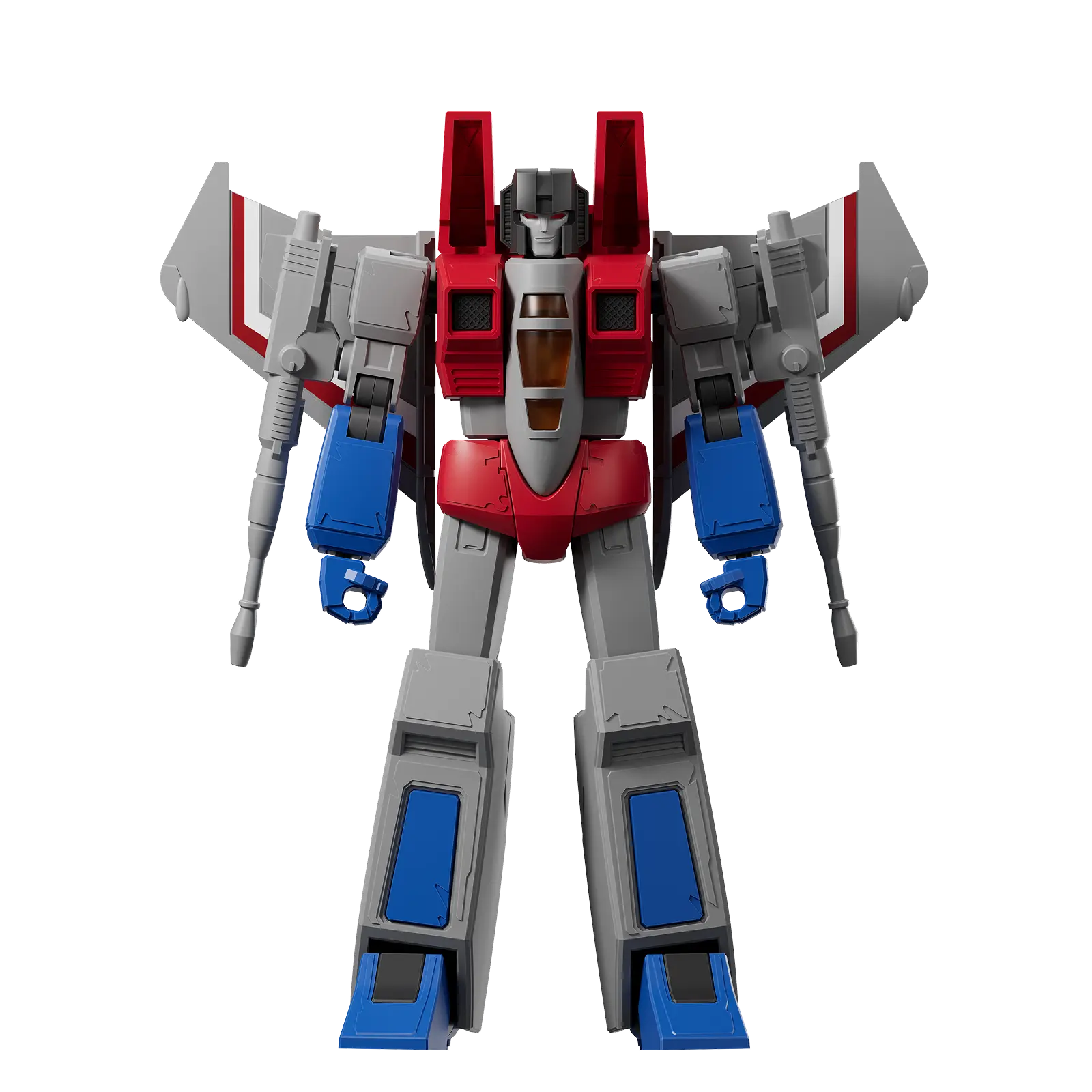 Front-facing view of red and blue robot with gray body and extended wing-like arm panels